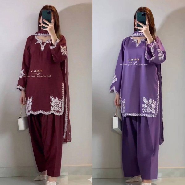 Designer Roman Cotton Farshi Salwar Suit with Embroidered Dupatta Ready To Wear Collection