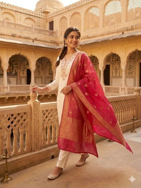 Designer Roman Silk Traditional Embroidered And Sequence Work Suit Set With Zari Border Dupatta for Women 
