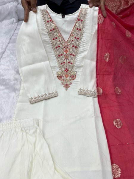Designer Roman Silk Traditional Embroidered And Sequence Work Suit Set With Zari Border Dupatta for Women Embroidery Kurtis 