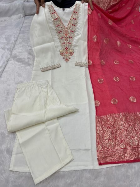 Designer Roman Silk Traditional Embroidered And Sequence Work Suit Set With Zari Border Dupatta for Women Embroidery Kurtis 