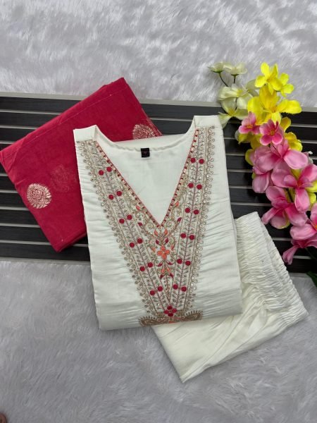 Designer Roman Silk Traditional Embroidered And Sequence Work Suit Set With Zari Border Dupatta for Women Embroidery Kurtis 