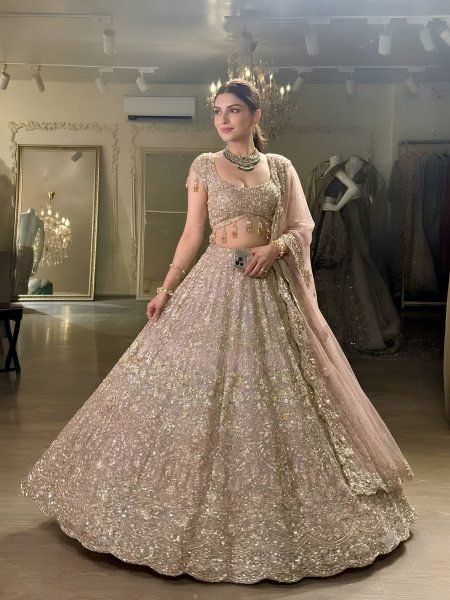 Designer Rose Gold Net Lehenga Set with Heavy Sequin Work for Bridal Wear  Lehenga