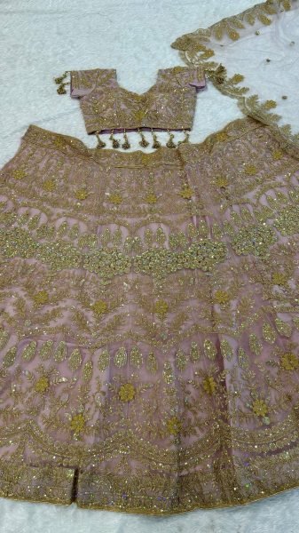 Designer Rose Gold Net Lehenga Set with Heavy Sequin Work for Bridal Wear Designer Lehenga Choli