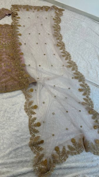 Designer Rose Gold Net Lehenga Set with Heavy Sequin Work for Bridal Wear Designer Lehenga Choli