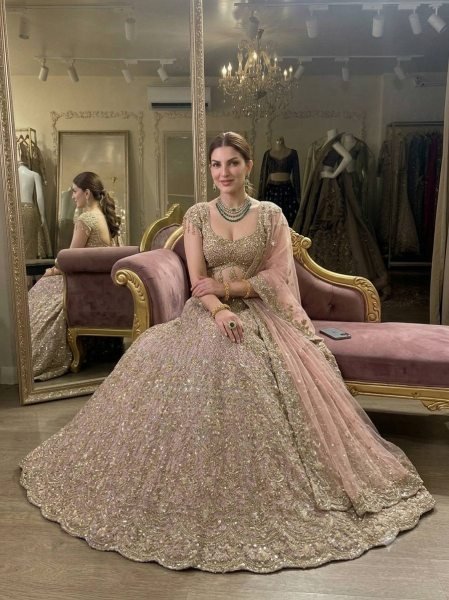 Designer Rose Gold Net Lehenga Set with Heavy Sequin Work for Bridal Wear Designer Lehenga Choli