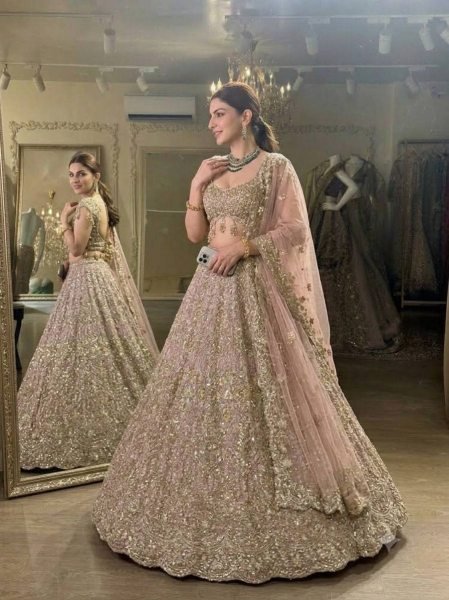 Designer Rose Gold Net Lehenga Set with Heavy Sequin Work for Bridal Wear Designer Lehenga Choli