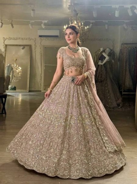 Designer Rose Gold Net Lehenga Set with Heavy Sequin Work for Bridal Wear Designer Lehenga Choli