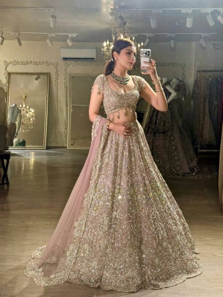 Designer Rose Gold Net Lehenga Set with Heavy Sequin Work for Bridal Wear Designer Lehenga Choli