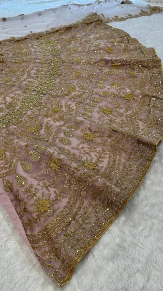 Designer Rose Gold Net Lehenga Set with Heavy Sequin Work for Bridal Wear Designer Lehenga Choli