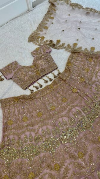Designer Rose Gold Net Lehenga Set with Heavy Sequin Work for Bridal Wear Designer Lehenga Choli