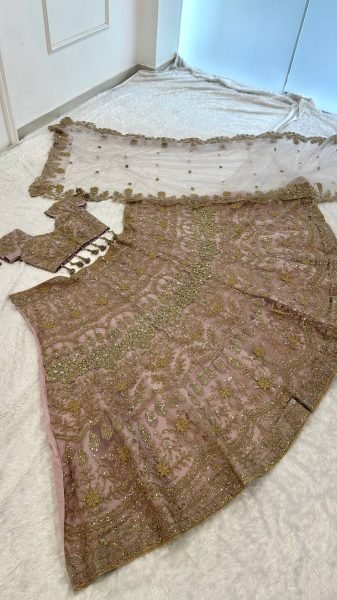 Designer Rose Gold Net Lehenga Set with Heavy Sequin Work for Bridal Wear Designer Lehenga Choli