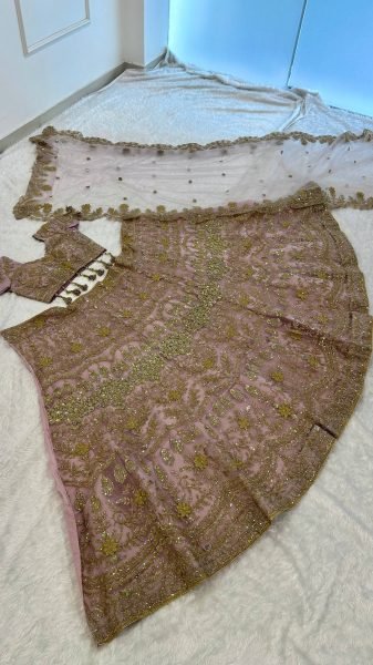Designer Rose Gold Net Lehenga Set with Heavy Sequin Work for Bridal Wear Designer Lehenga Choli