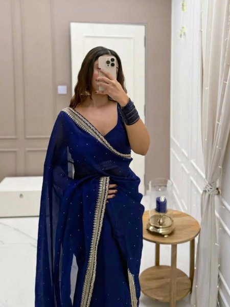 Designer Royal Blue Georgette Saree with Fancy Embroidery & Moti Detailing Ethnic Party Collection at Manufacturer Rate Georgette Sarees Wholesale