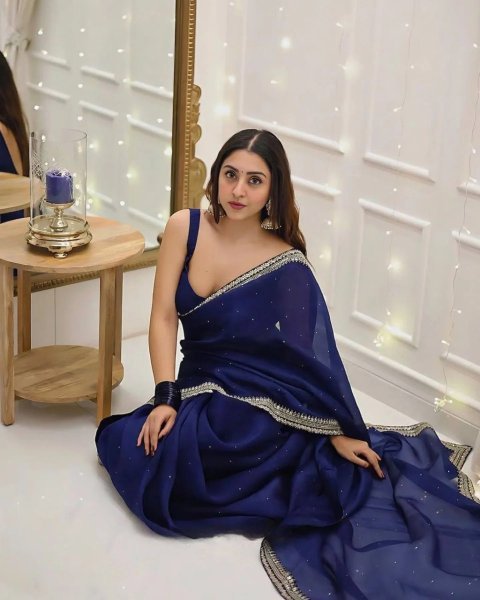 Designer Royal Blue Georgette Saree with Fancy Embroidery & Moti Detailing Ethnic Party Collection at Manufacturer Rate Georgette Sarees Wholesale
