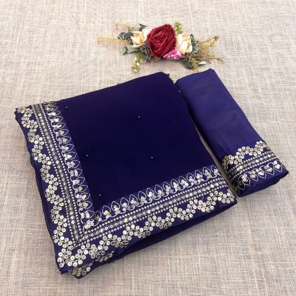 Designer Royal Blue Georgette Saree with Fancy Embroidery & Moti Detailing Ethnic Party Collection at Manufacturer Rate Georgette Sarees Wholesale