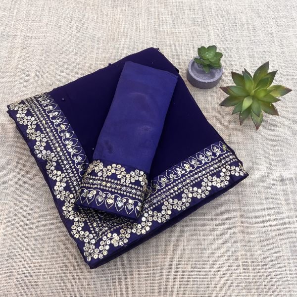 Designer Royal Blue Georgette Saree with Fancy Embroidery & Moti Detailing Ethnic Party Collection at Manufacturer Rate Georgette Sarees Wholesale