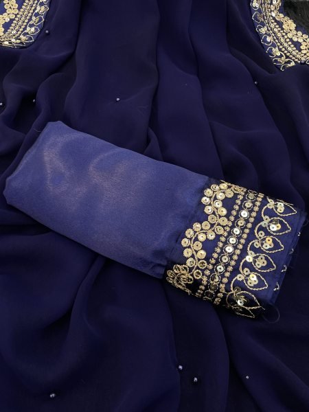 Designer Royal Blue Georgette Saree with Fancy Embroidery & Moti Detailing Ethnic Party Collection at Manufacturer Rate Georgette Sarees Wholesale