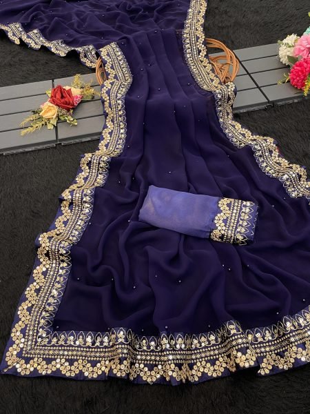 Designer Royal Blue Georgette Saree with Fancy Embroidery & Moti Detailing Ethnic Party Collection at Manufacturer Rate Georgette Sarees Wholesale