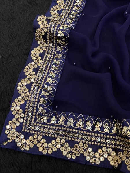 Designer Royal Blue Georgette Saree with Fancy Embroidery & Moti Detailing Ethnic Party Collection at Manufacturer Rate Georgette Sarees Wholesale