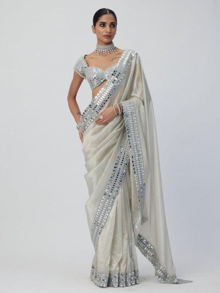 Designer Satin Organza Saree with Mirror Embroidery Party Wear Sarees 