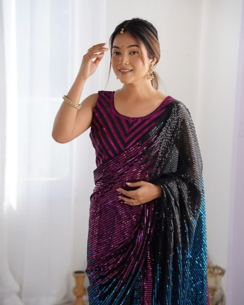 Designer Sequin Embroidered Georgette Saree with Multicolor Tharee-Tone Look at Partywear Collection by Royal Export Georgette Sarees Wholesale