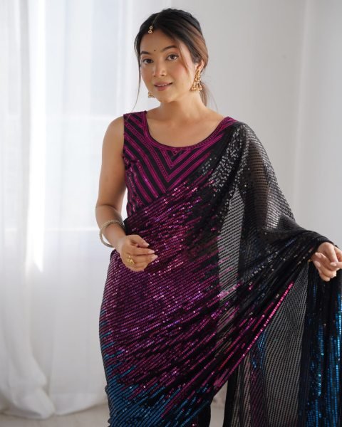Designer Sequin Embroidered Georgette Saree with Multicolor Tharee-Tone Look at Partywear Collection by Royal Export Georgette Sarees Wholesale