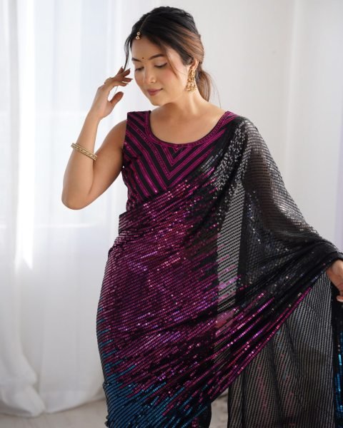 Designer Sequin Embroidered Georgette Saree with Multicolor Tharee-Tone Look at Partywear Collection by Royal Export Georgette Sarees Wholesale