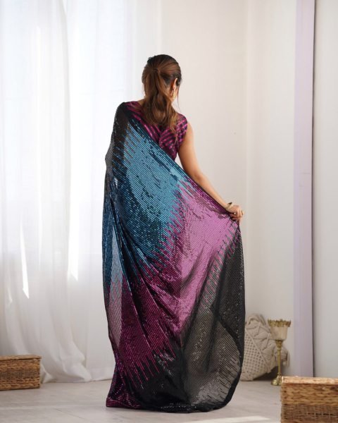 Designer Sequin Embroidered Georgette Saree with Multicolor Tharee-Tone Look at Partywear Collection by Royal Export Georgette Sarees Wholesale
