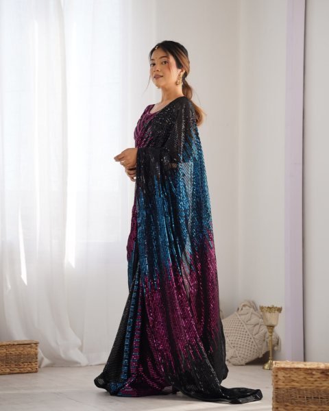 Designer Sequin Embroidered Georgette Saree with Multicolor Tharee-Tone Look at Partywear Collection by Royal Export Georgette Sarees Wholesale