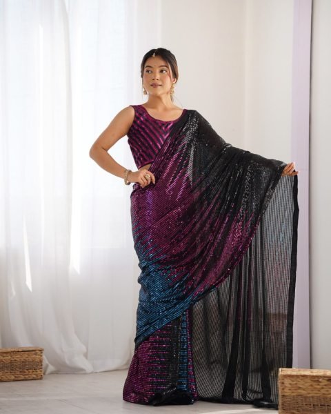 Designer Sequin Embroidered Georgette Saree with Multicolor Tharee-Tone Look at Partywear Collection by Royal Export Georgette Sarees Wholesale