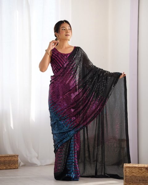 Designer Sequin Embroidered Georgette Saree with Multicolor Tharee-Tone Look at Partywear Collection by Royal Export Georgette Sarees Wholesale