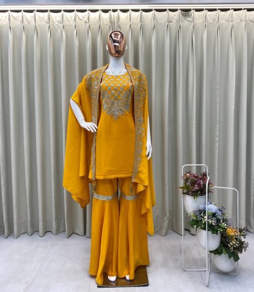 Designer Sequin Embroidered Sharara Suit in Premium French Crepe Silk Stitched Partywear Set Best Deals for Resellers Ready To Wear Collection