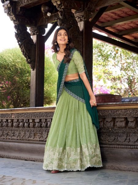 Designer Silver Glossy Lehenga with Hotfix Sequins and Thread Embroidery Best Price for Wedding Wear