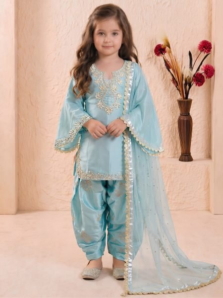 Designer Sky Blue Girls Partywear Roman Glass Silk Suit Set with Embroidered Palazzo Kurtis