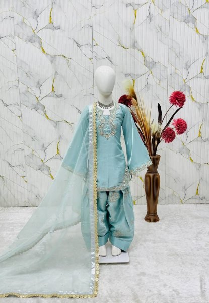 Designer Sky Blue Girls Partywear Roman Glass Silk Suit Set with Embroidered Palazzo Girls Wear