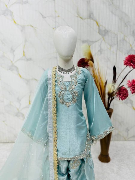 Designer Sky Blue Girls Partywear Roman Glass Silk Suit Set with Embroidered Palazzo Girls Wear