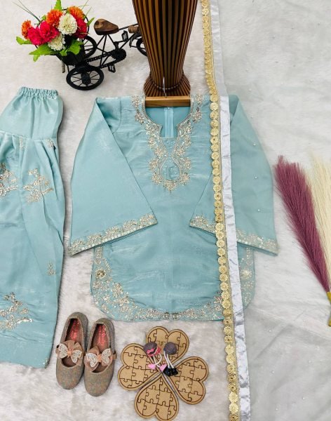Designer Sky Blue Girls Partywear Roman Glass Silk Suit Set with Embroidered Palazzo Girls Wear