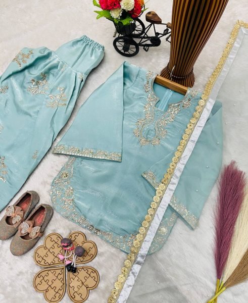 Designer Sky Blue Girls Partywear Roman Glass Silk Suit Set with Embroidered Palazzo Girls Wear