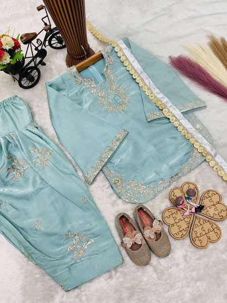 Designer Sky Blue Girls Partywear Roman Glass Silk Suit Set with Embroidered Palazzo Girls Wear