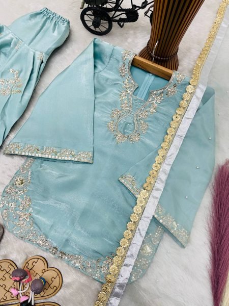 Designer Sky Blue Girls Partywear Roman Glass Silk Suit Set with Embroidered Palazzo Girls Wear