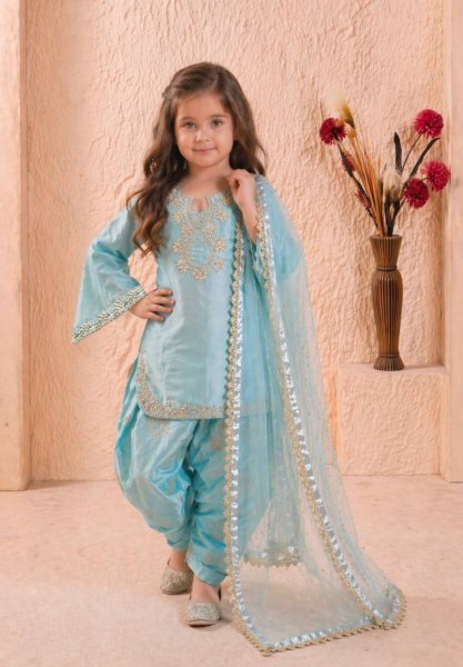 Designer Sky Blue Girls Partywear Roman Glass Silk Suit Set with Embroidered Palazzo Girls Wear
