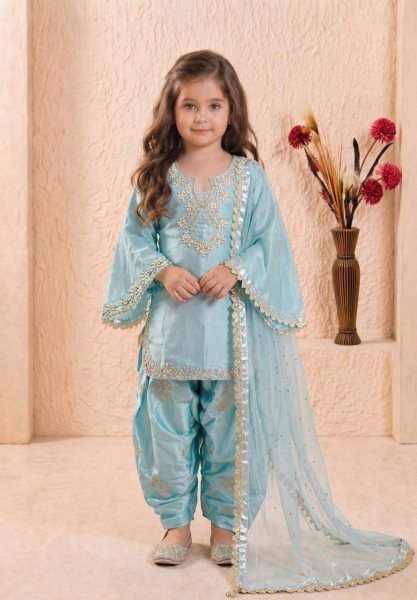 Designer Sky Blue Girls Partywear Roman Glass Silk Suit Set with Embroidered Palazzo Girls Wear