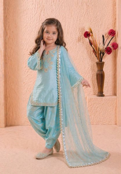 Designer Sky Blue Girls Partywear Roman Glass Silk Suit Set with Embroidered Palazzo Girls Wear