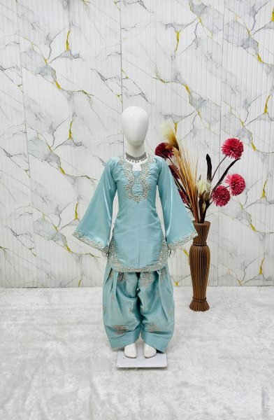 Designer Sky Blue Girls Partywear Roman Glass Silk Suit Set with Embroidered Palazzo Girls Wear