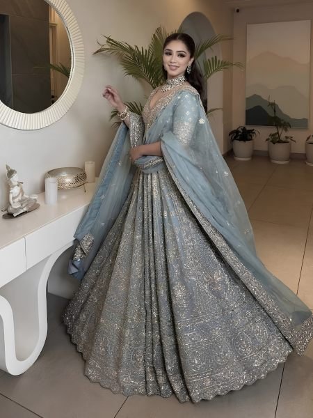 Designer Slate Blue Crepe Silk Lehenga with Glass Silk Embroidered Dupatta For Wedding Wear  Lehenga