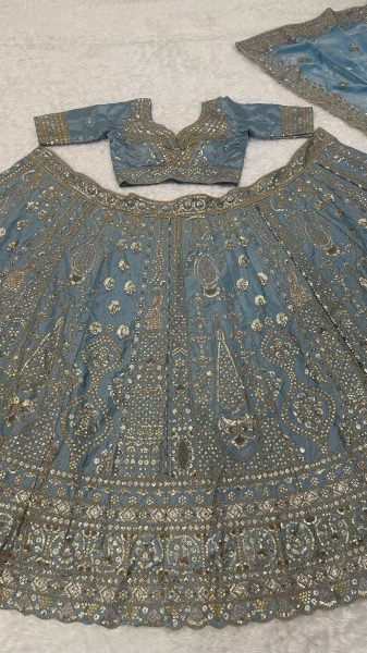 Designer Slate Blue Crepe Silk Lehenga with Glass Silk Embroidered Dupatta For Wedding Wear Designer Lehenga Choli