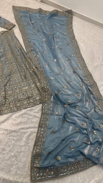 Designer Slate Blue Crepe Silk Lehenga with Glass Silk Embroidered Dupatta For Wedding Wear Designer Lehenga Choli