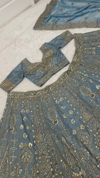 Designer Slate Blue Crepe Silk Lehenga with Glass Silk Embroidered Dupatta For Wedding Wear Designer Lehenga Choli