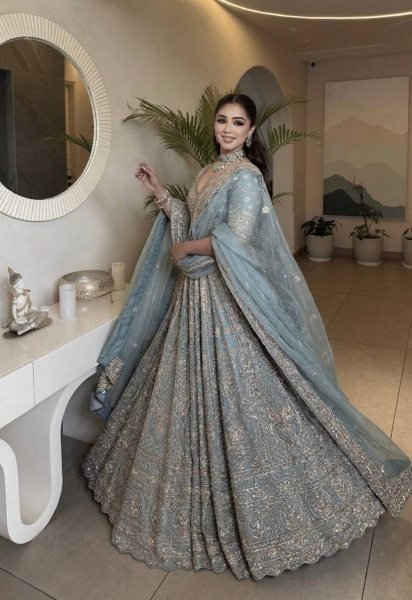 Designer Slate Blue Crepe Silk Lehenga with Glass Silk Embroidered Dupatta For Wedding Wear Designer Lehenga Choli