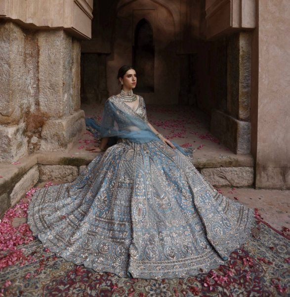 Designer Slate Blue Crepe Silk Lehenga with Glass Silk Embroidered Dupatta For Wedding Wear Designer Lehenga Choli